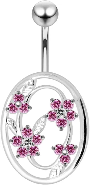 Flower in Round Frame Design 925 Sterling Silver with Stainless Steel Belly Ring - Belly Button jewelry - Navel jewelry