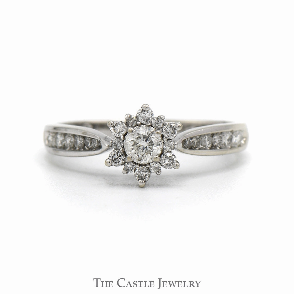Flower Design Engagement Ring .38CTTW With .15CT Round Diamond And Diamonds In Halo And Down Sides In 10KT White Gold Brand Name Beautiful Jewelry
