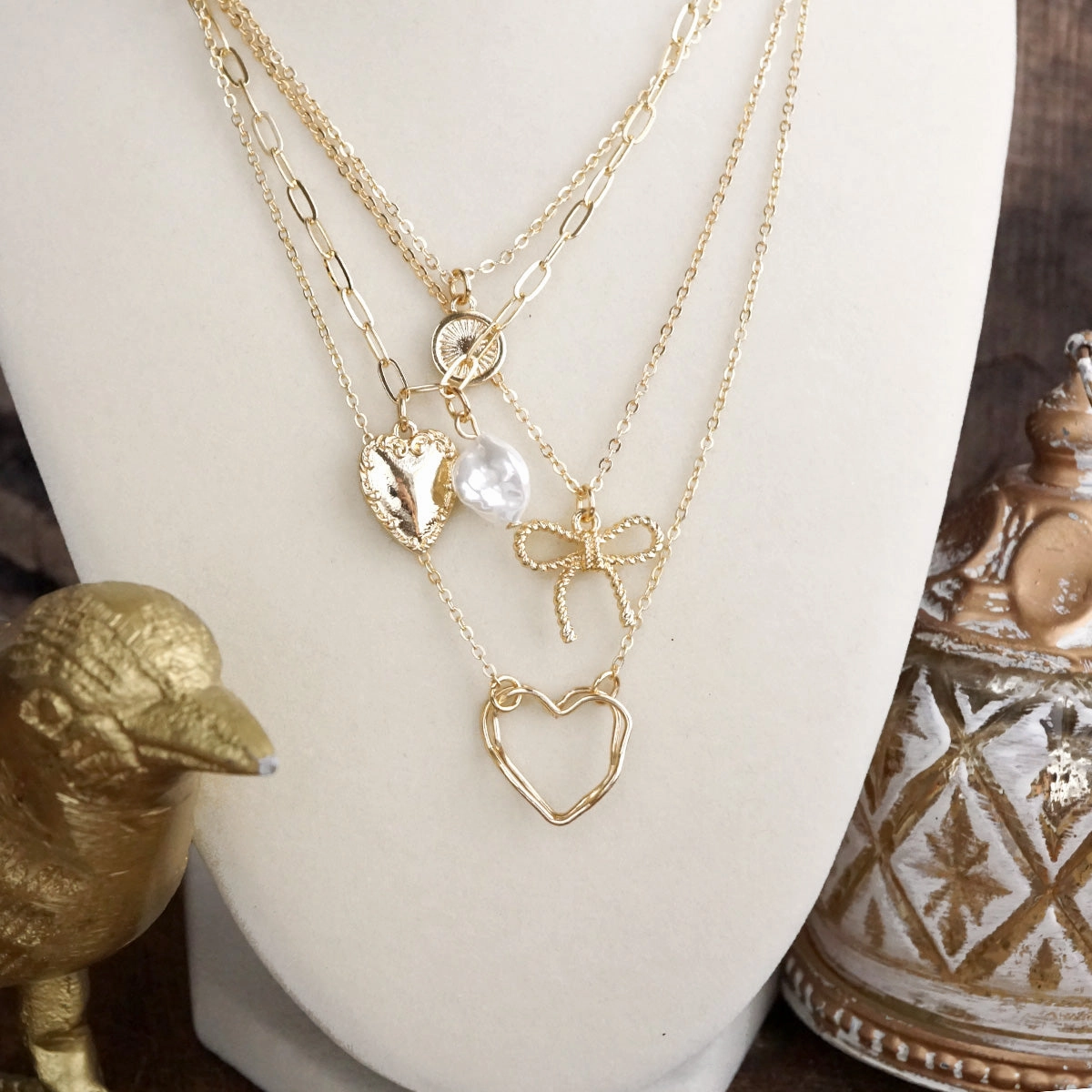 Lovely Jewelry Superior Accessory Sweet Keepsake ?C Multi-Layer Necklace with Hearts, Bow & Pearl