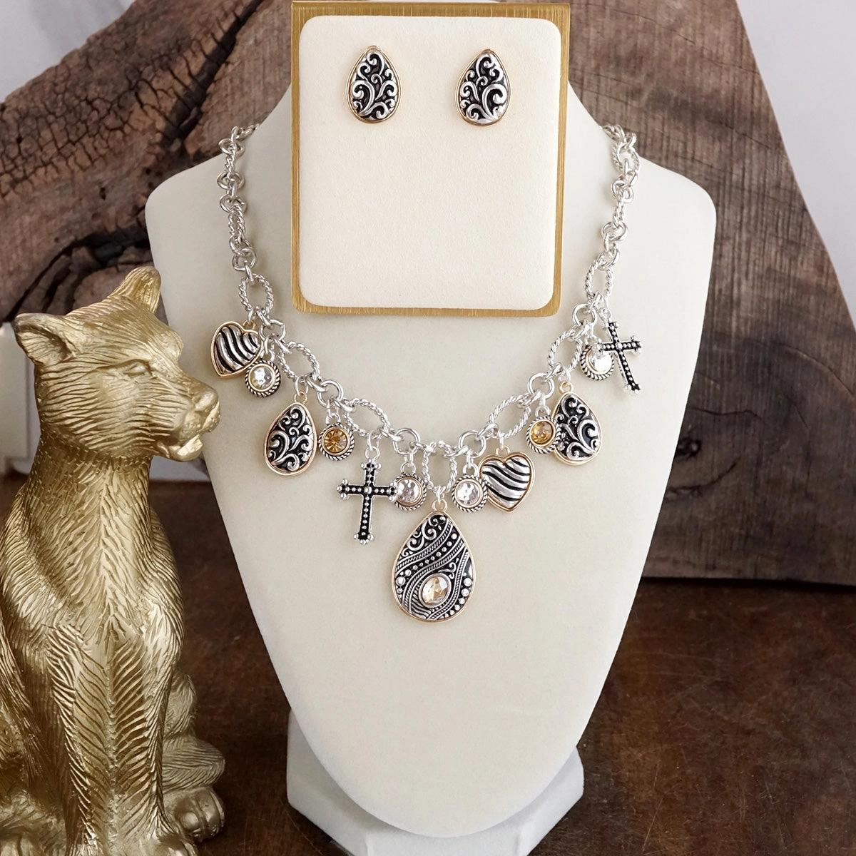 Hearts in Harmony ?C Filigree Charm Necklace & Earring Set in Worn Silver & Gold Active Day