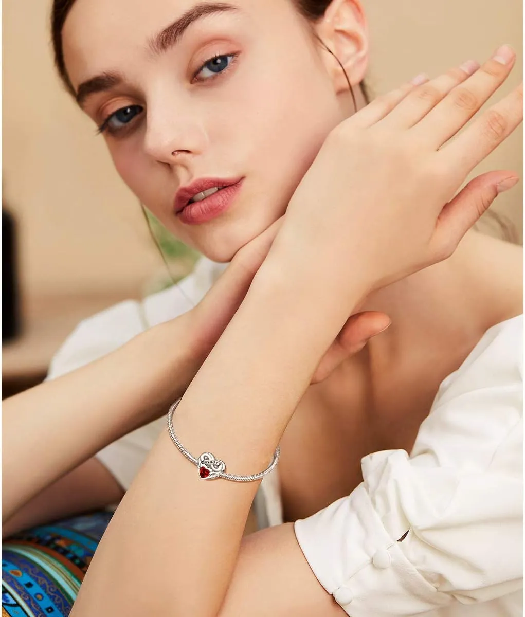 FOREVER QUEEN Birthstone Charms for Charms Bracelet- 925 Sterling Silver Love Heart Beads Infinite Love Charms, Happy Birthday Charms for Bracelet and Necklace
