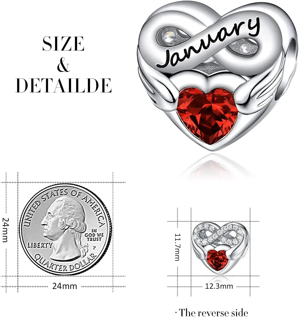 FOREVER QUEEN Birthstone Charms for Charms Bracelet- 925 Sterling Silver Love Heart Beads Infinite Love Charms, Happy Birthday Charms for Bracelet and Necklace