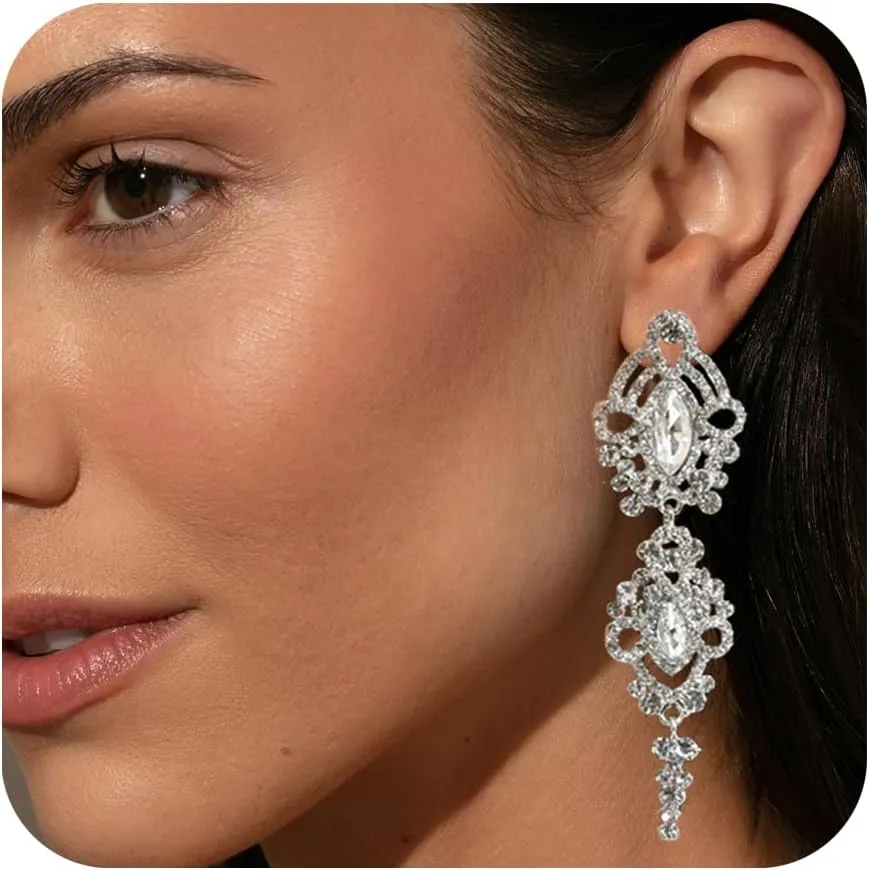 Formal Silver Chandelier Earrings for Women Dangling Bling Large Rhinestone Earrings Costume Jewelry
