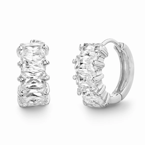 Lesa Michele 13mm Baguette Shaped Cubic Zirconia Huggie Hoop Bridal Gift Earrings for Women in Rhodium Plated 925 Sterling Silver Exquisite Decor Safe Embellishment