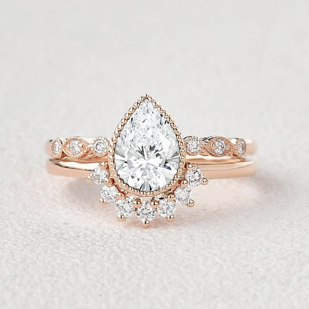 Bright design Allure Factor Vintage Milgrain Pear Cut Lab Grown Diamond Engagement Ring Set 2pcs