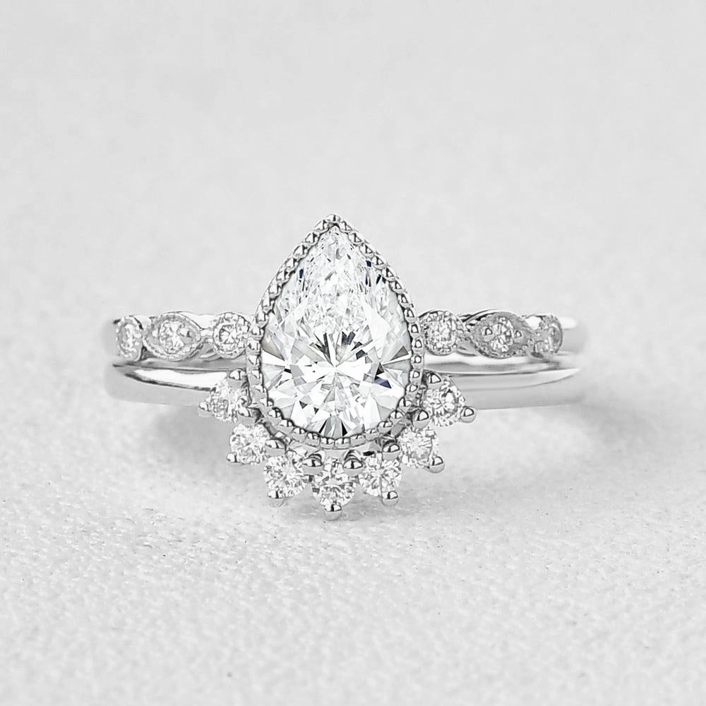 Statement Ready Vintage Milgrain Pear Cut Lab Grown Diamond Engagement Ring Set 2pcs