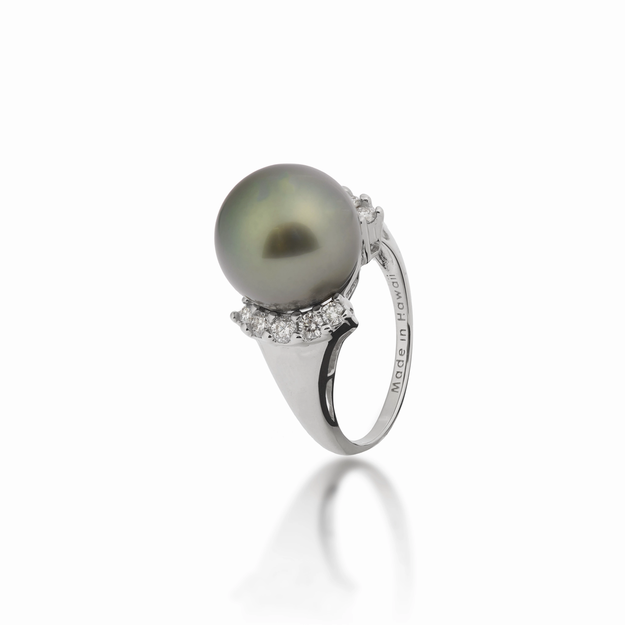 Quiet Grace Timeless Touch Tahitian Black Pearl Ring in White Gold with Diamonds - 12-13mm