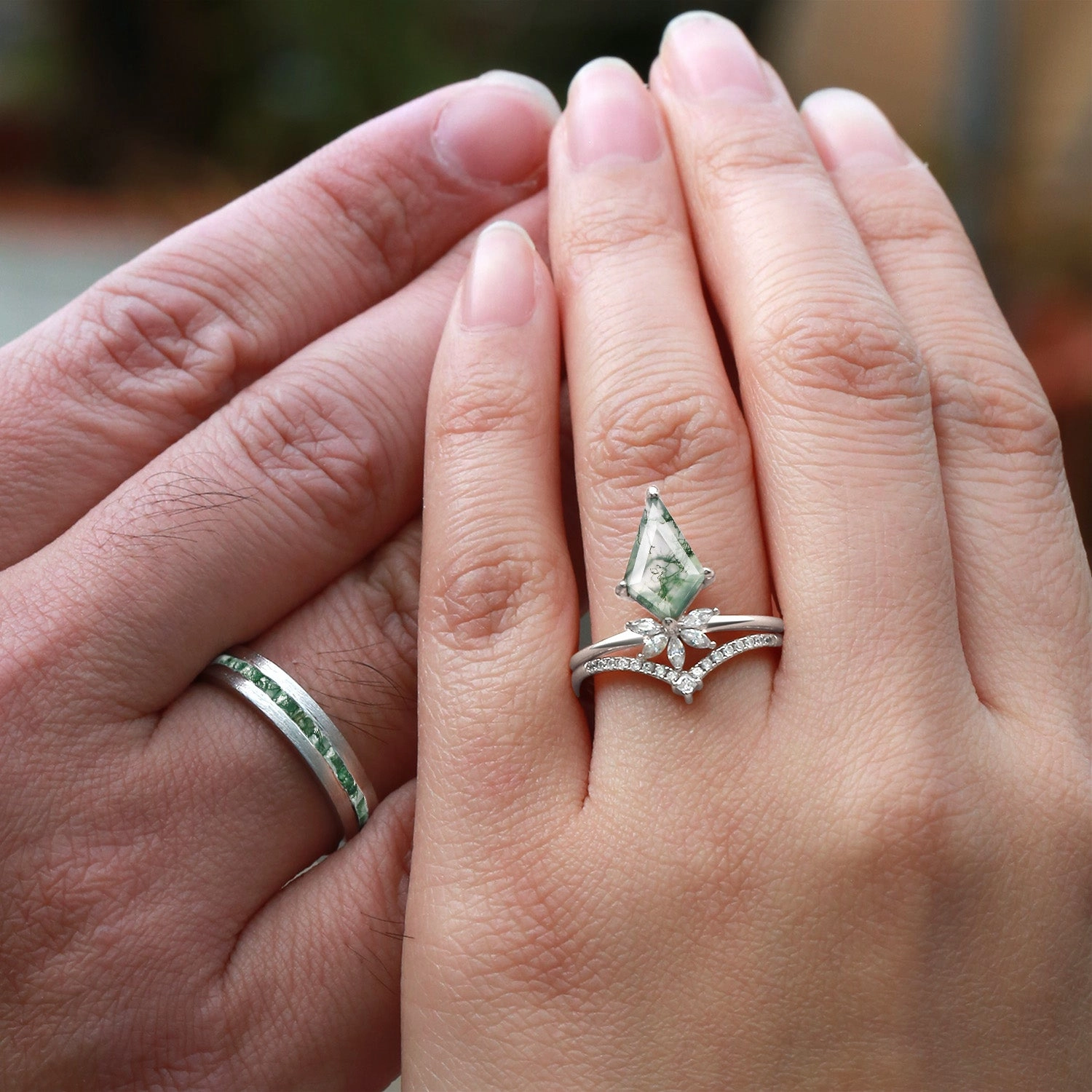 Romantic Present Unique Floral Moss Agate Kite Cut Couple Ring Set 3pcs