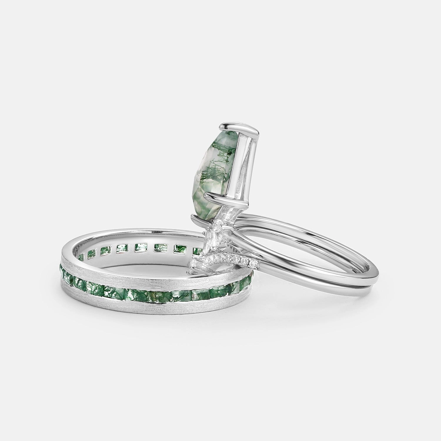 Unique Floral Moss Agate Kite Cut Couple Ring Set 3pcs Handcrafted Craft