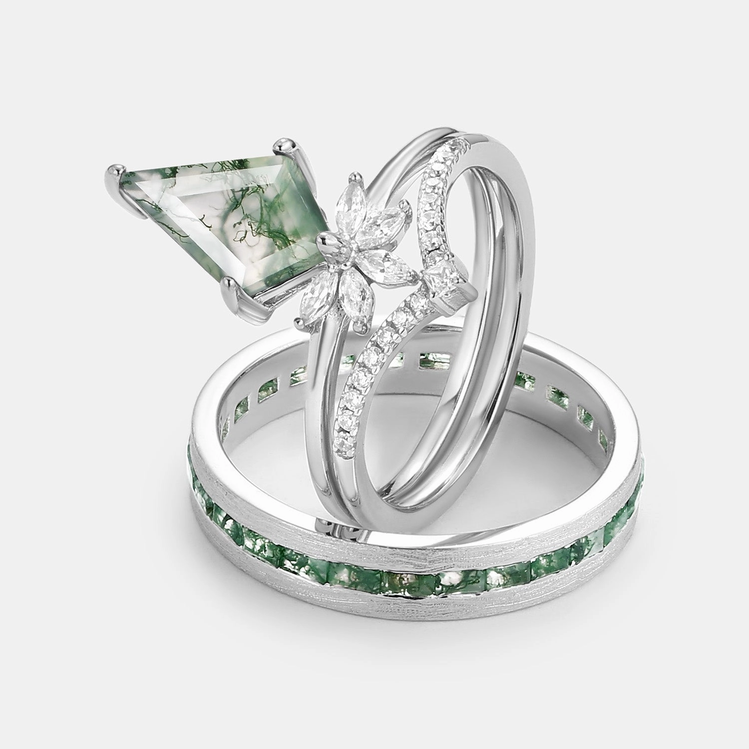 Unique Floral Moss Agate Kite Cut Couple Ring Set 3pcs Vibrant Spark Finishing Touch