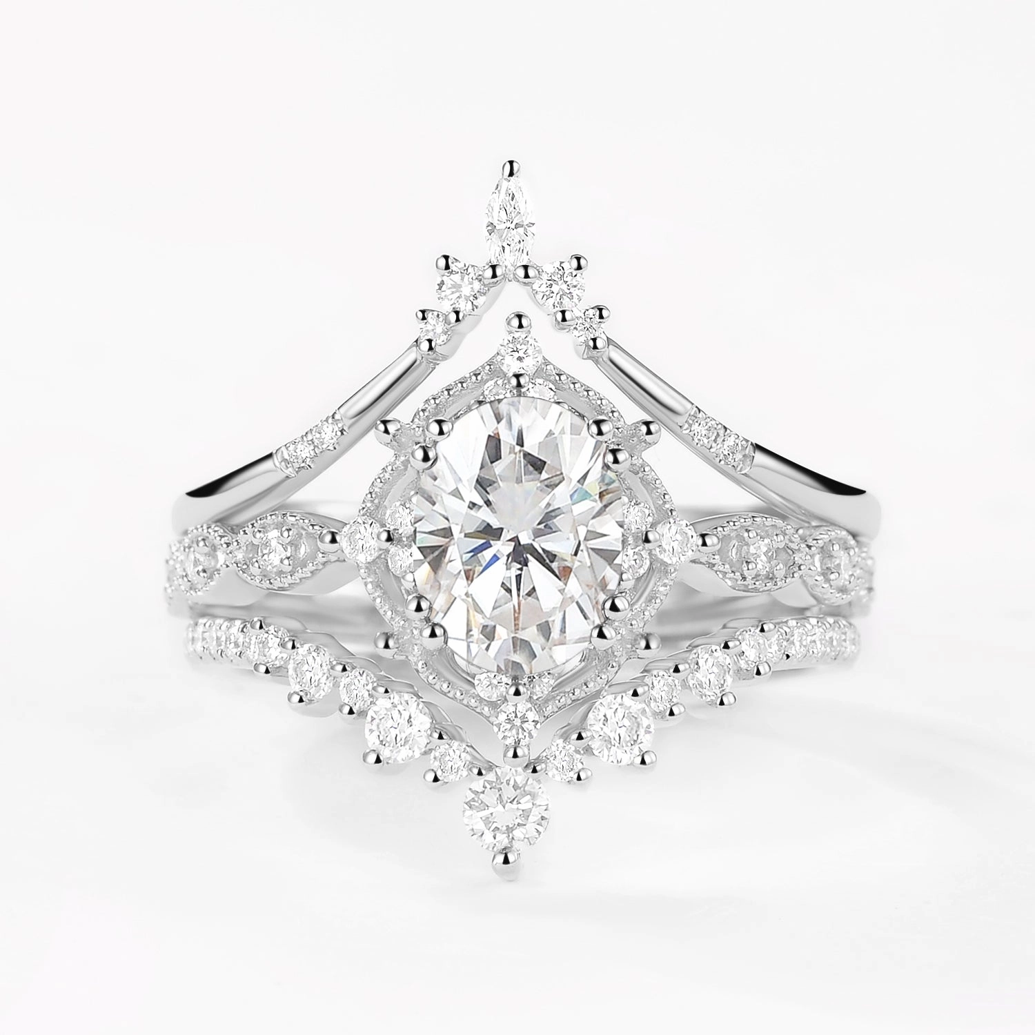 Oval Black Moissanite Signature Vintage Ring Set 3pcs Enchanted Edge Gentle Radiance