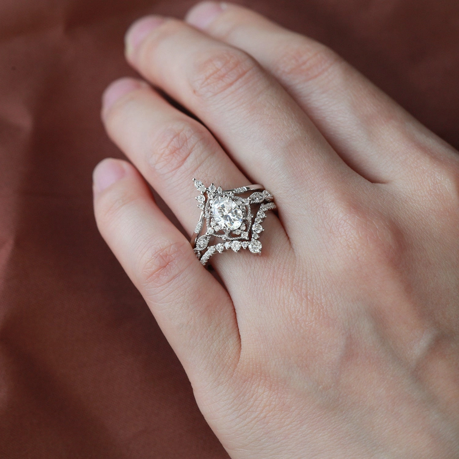 Oval Black Moissanite Signature Vintage Ring Set 3pcs Radiant Pieces Finish Quick Layer