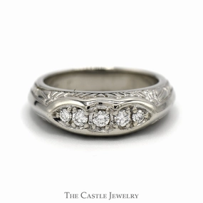 Warm Tone luxury item 5 Round Diamond Etched Antique Band in 14k White Gold