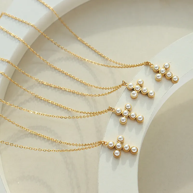 French Pearl Cross Pendant Necklace with a Twist - Elegant and Stylish Statement Jewelry for Wholesale