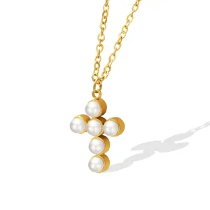French Pearl Cross Pendant Necklace with a Twist - Elegant and Stylish Statement Jewelry for Wholesale