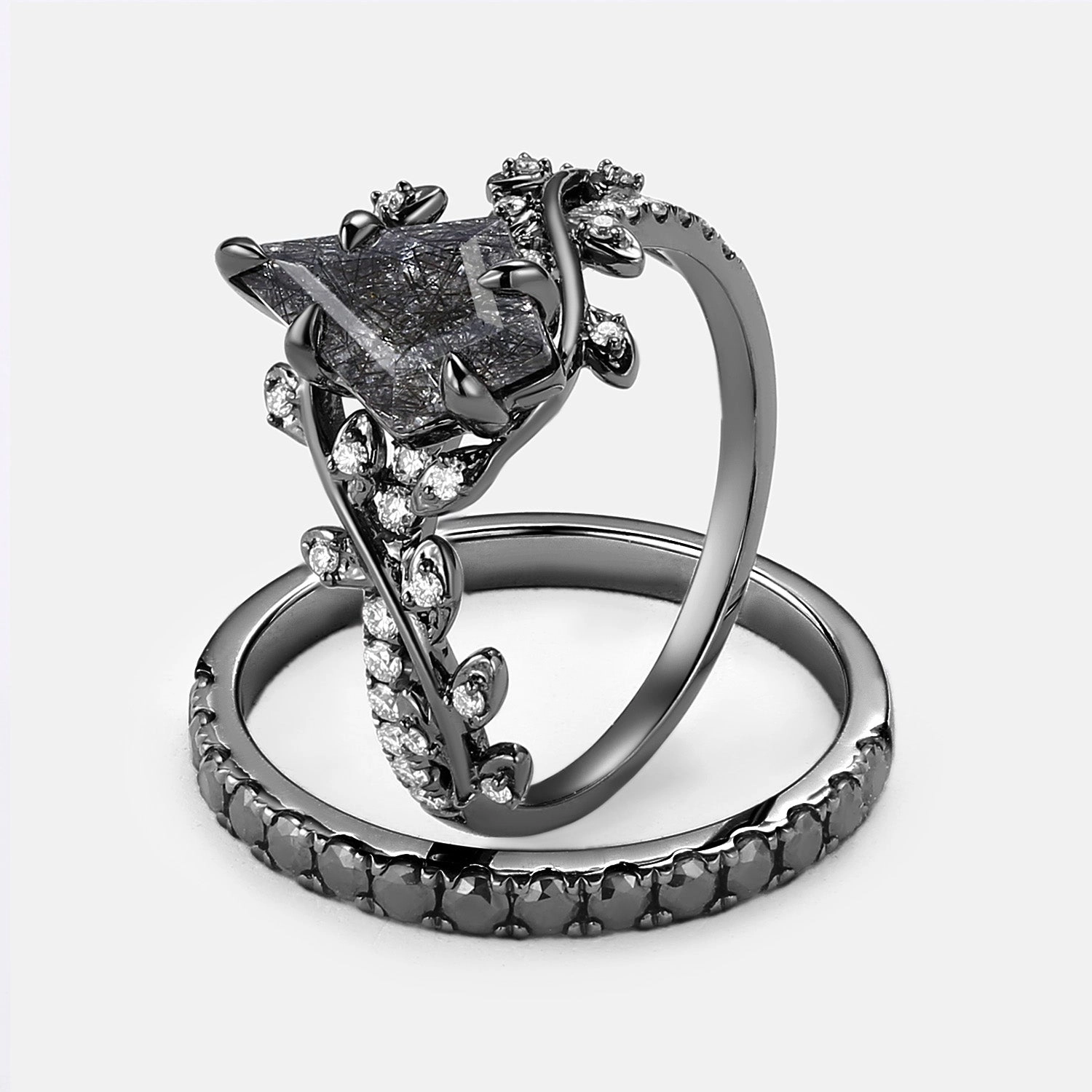 Modern Vibe Creative Form Kite Cut Black Rutilated Quartz Leafy Pave Black Gold Couple Ring Set 3pcs
