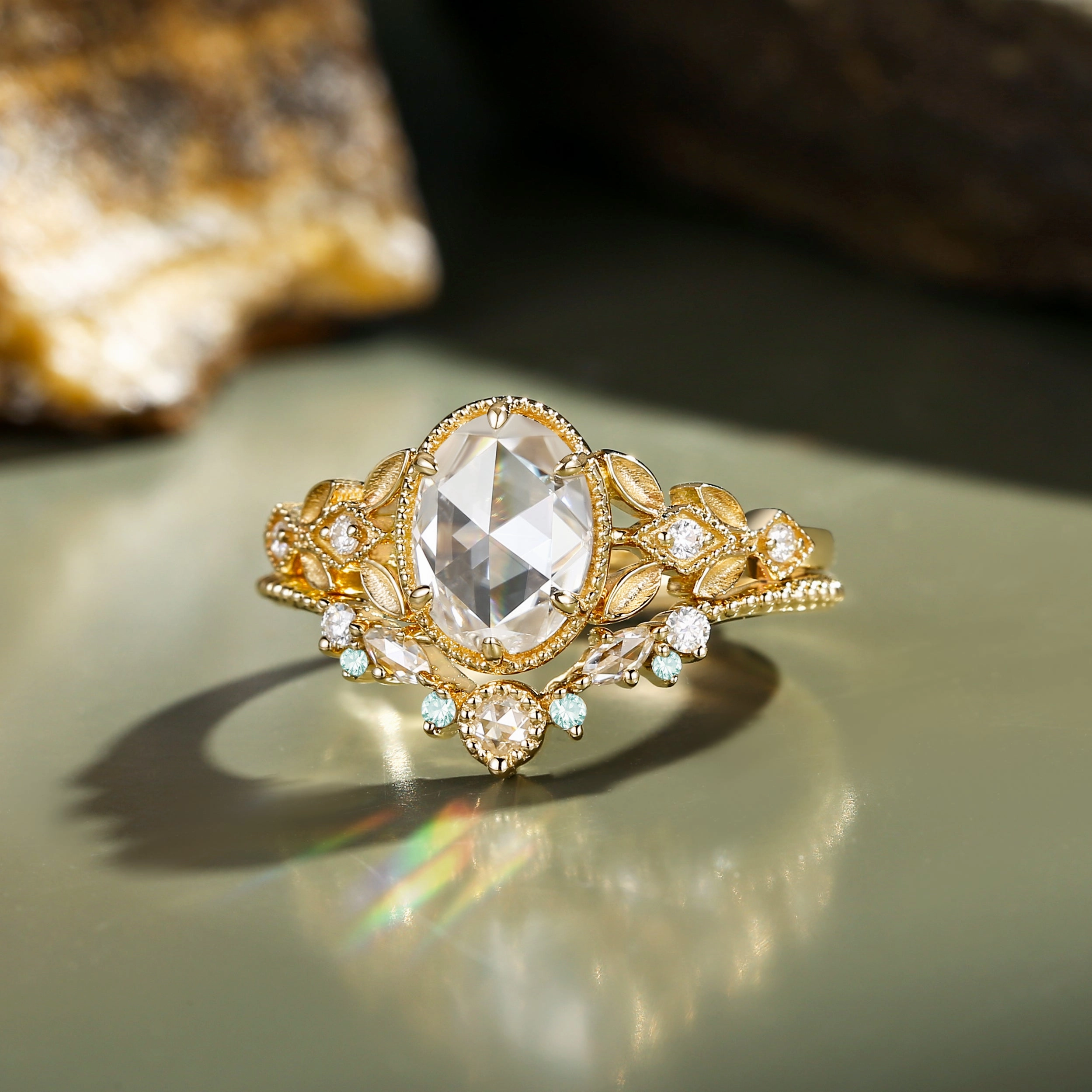 Daily Essential Elegant Outline Vintage Rose Cut Oval Moissanite Leafy Gold Ring Set 2pcs - Selene
