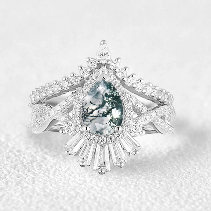 Pear Moss Agate Halo Baguette Engagement Ring Set 2pcs Bold Designs
