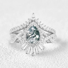 Pear Moss Agate Halo Baguette Engagement Ring Set 2pcs Trendy Design