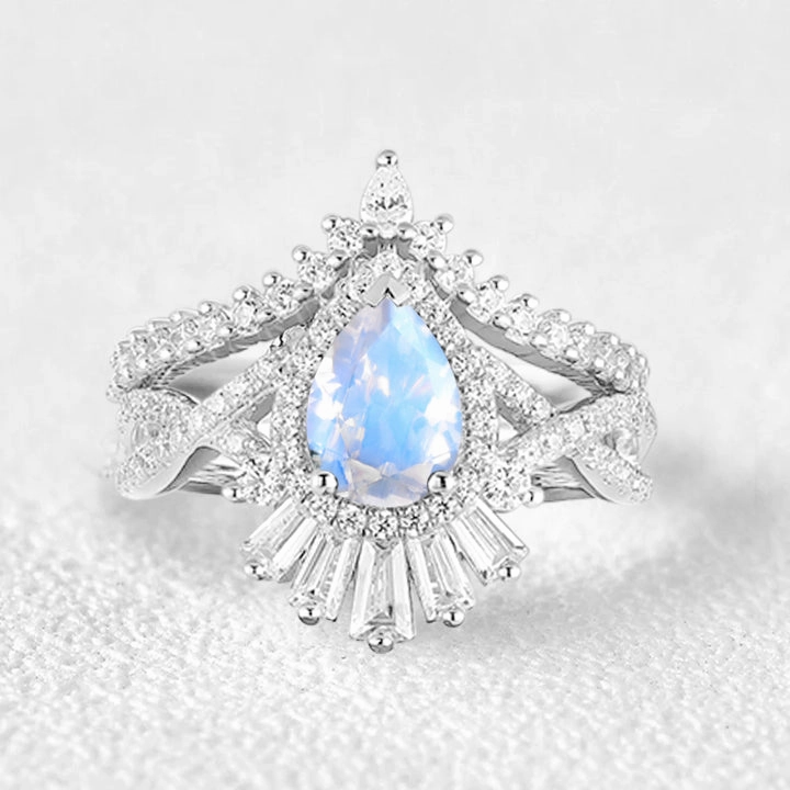 Clean Aesthetic Pear Moss Agate Halo Baguette Engagement Ring Set 2pcs