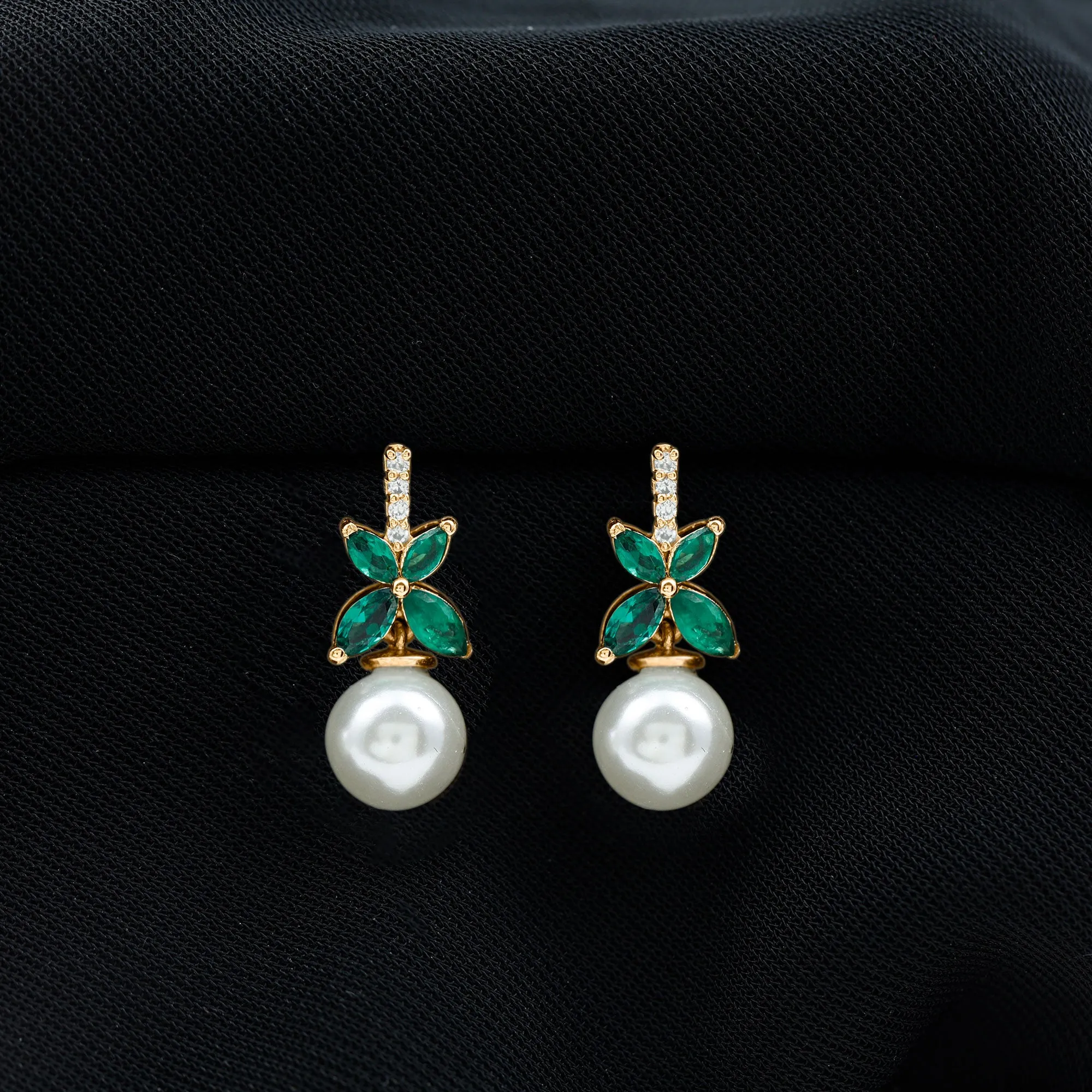 Freshwater Pearl Drop Earrings with Floral Emerald