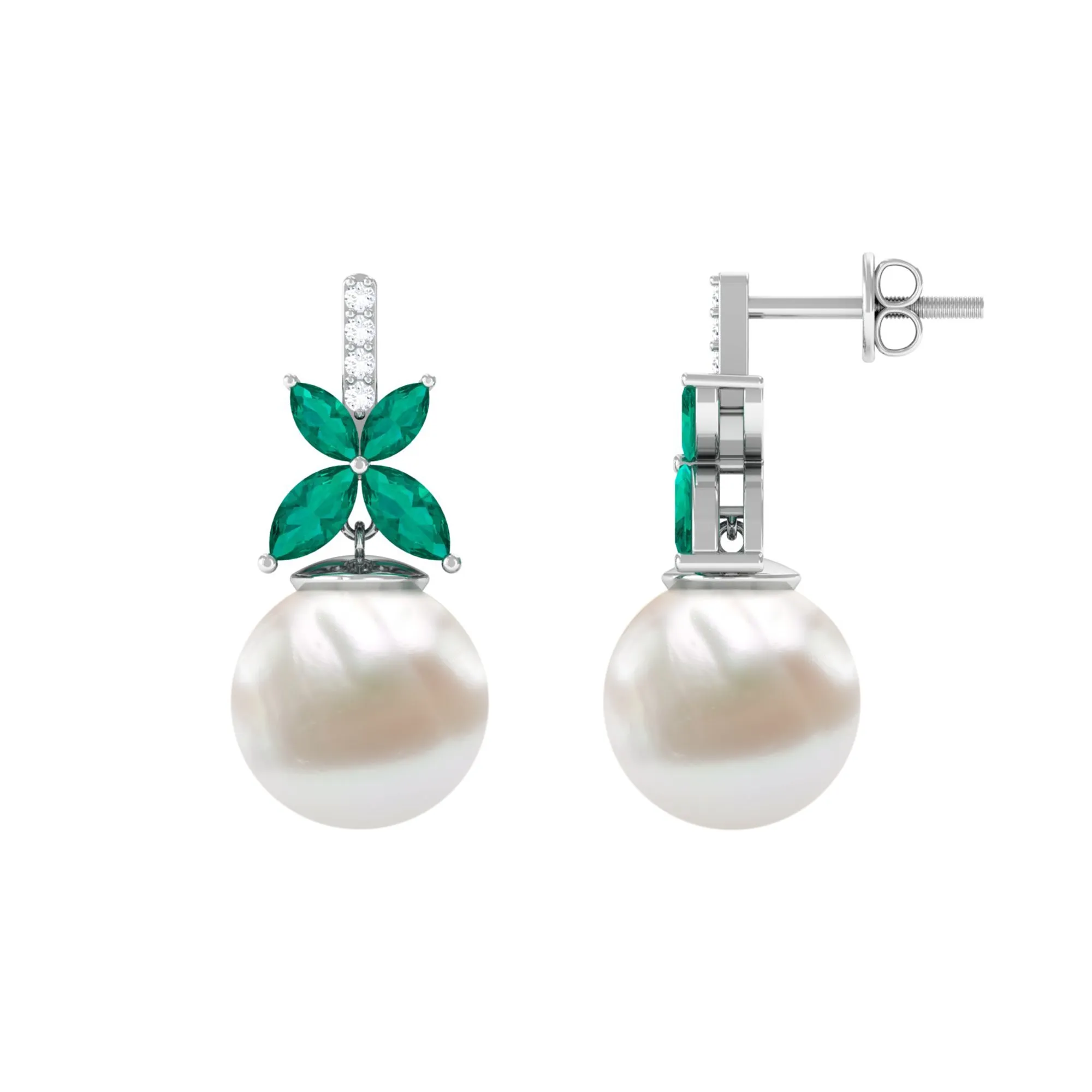 Freshwater Pearl Drop Earrings with Floral Emerald