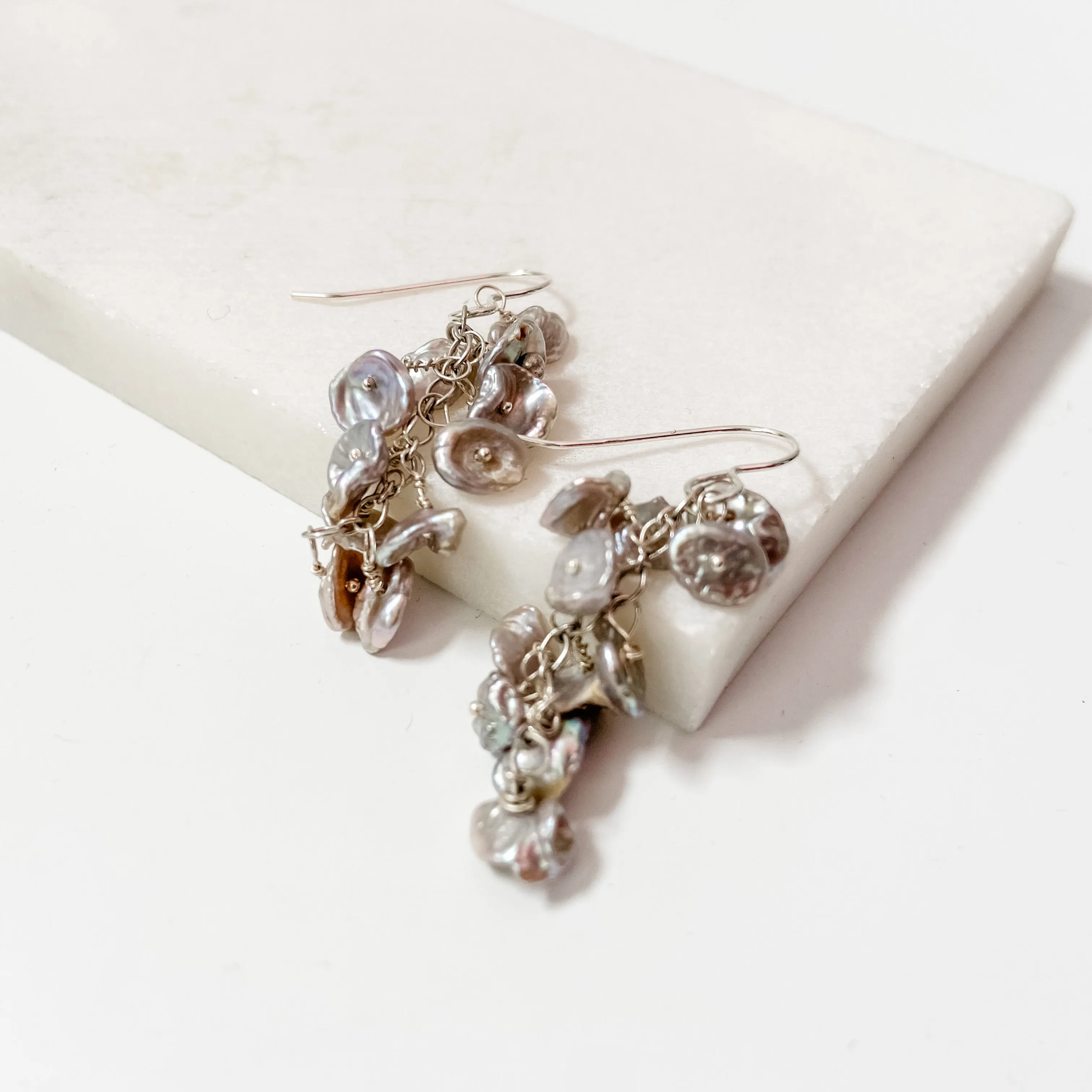 Freshwater Petal Cluster Earrings-Silvery White