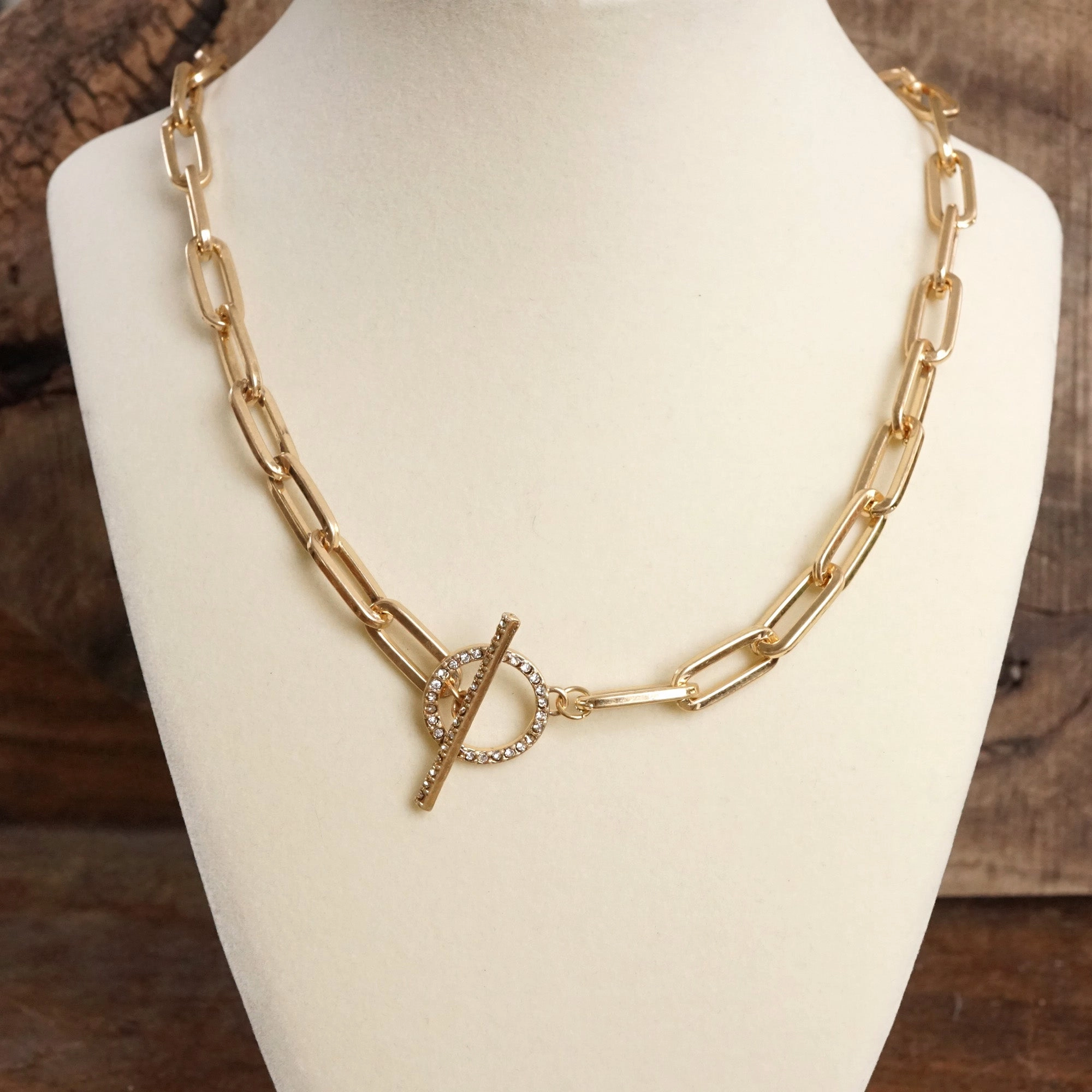 Fair Trade Adornment Front Toggle Paved Crystals Paperclip Chain Statement Necklace ?C Gold or Silver Tone