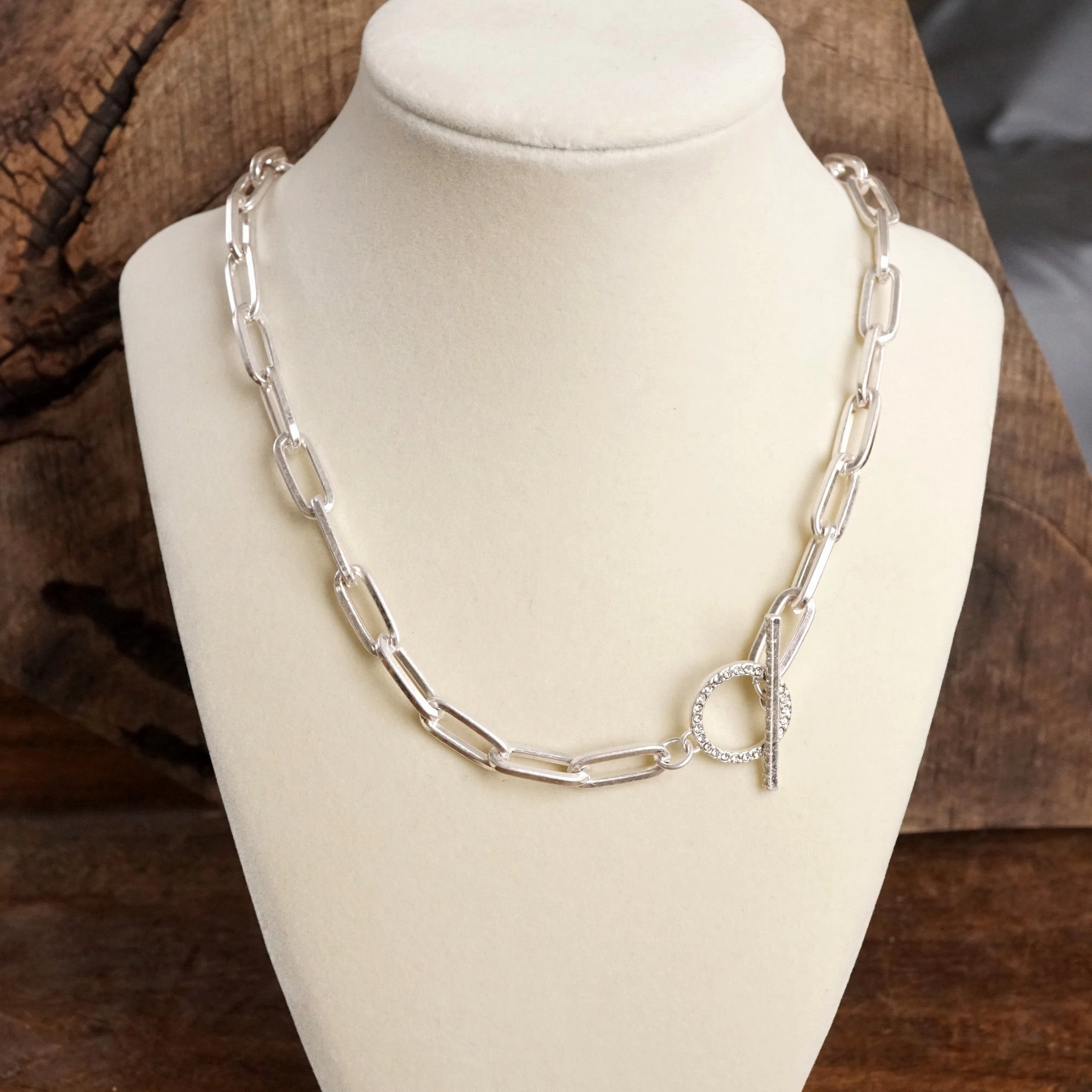 Front Toggle Paved Crystals Paperclip Chain Statement Necklace ?C Gold or Silver Tone Winter Present For Groom