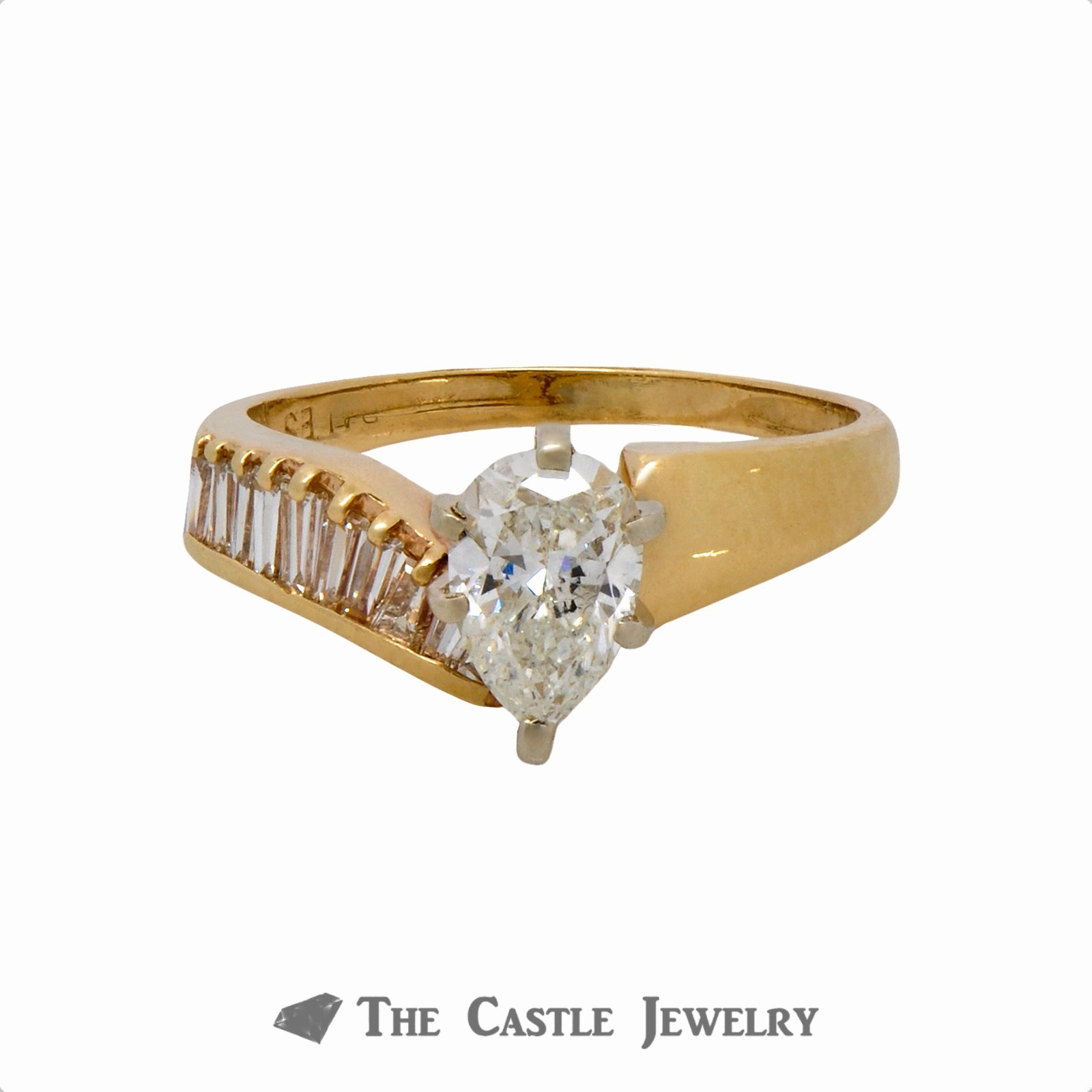 Excellent product Strong Embellishment Pear Cut Diamond Engagement Ring with Asymmetrical Baguette Cut Diamond Accents in 14k Yellow Gold