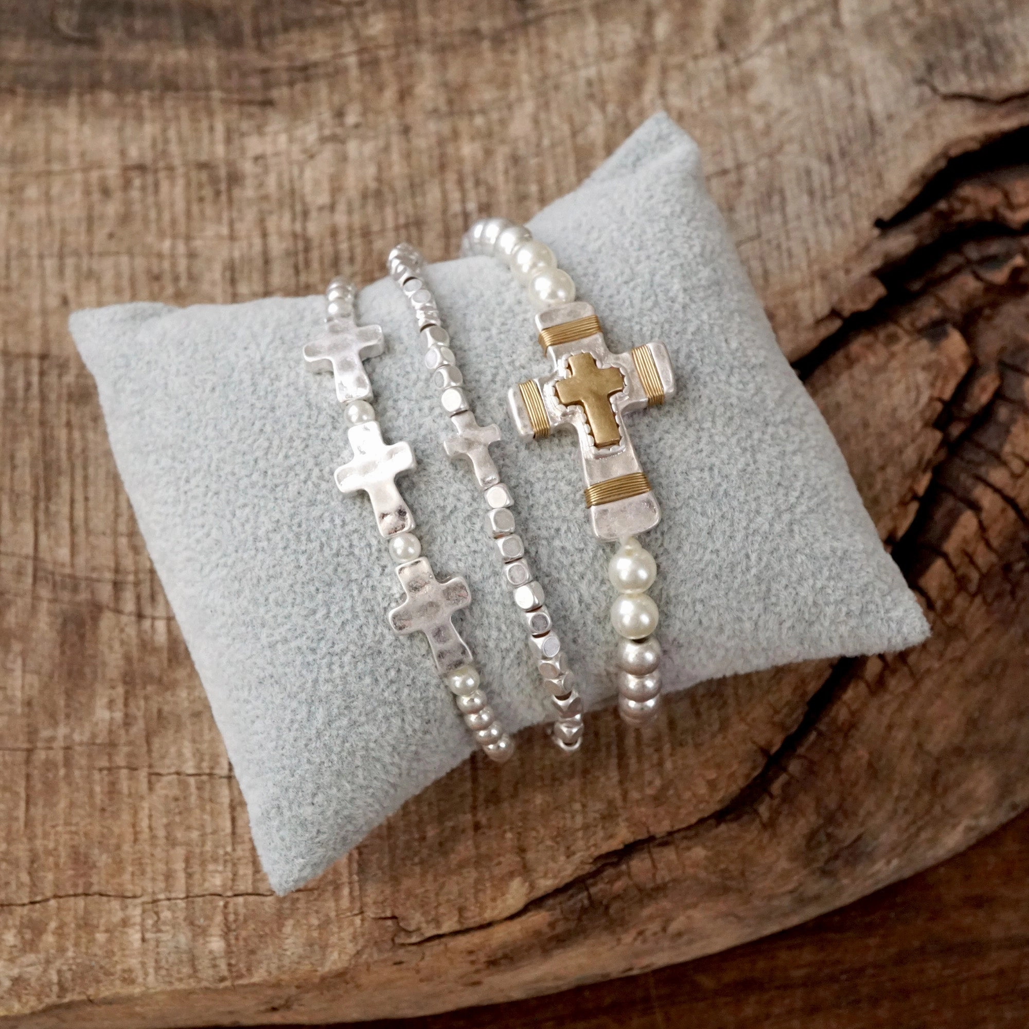 Hemispheric Fusions Indelible Blends Cross bracelets set in Worn Silver tone boho style