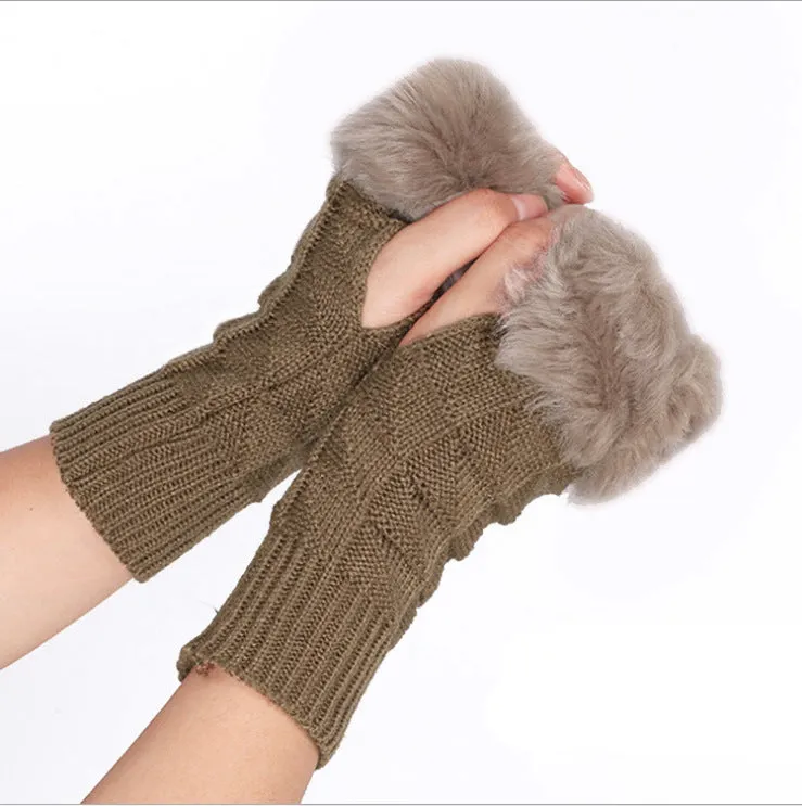 Fur Mid-Length Knit Half Finger Computer Gloves