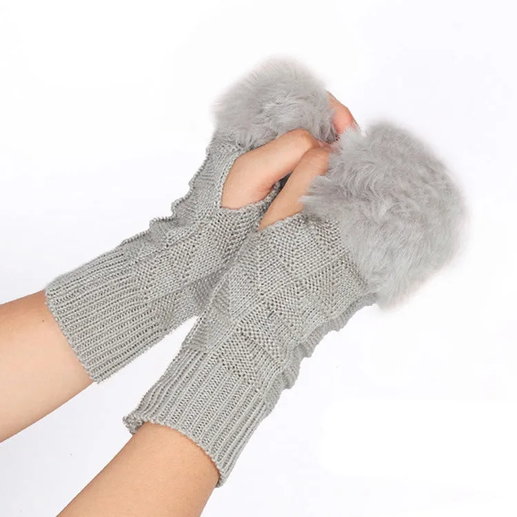 Fur Mid-Length Knit Half Finger Computer Gloves