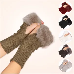 Fur Mid-Length Knit Half Finger Computer Gloves