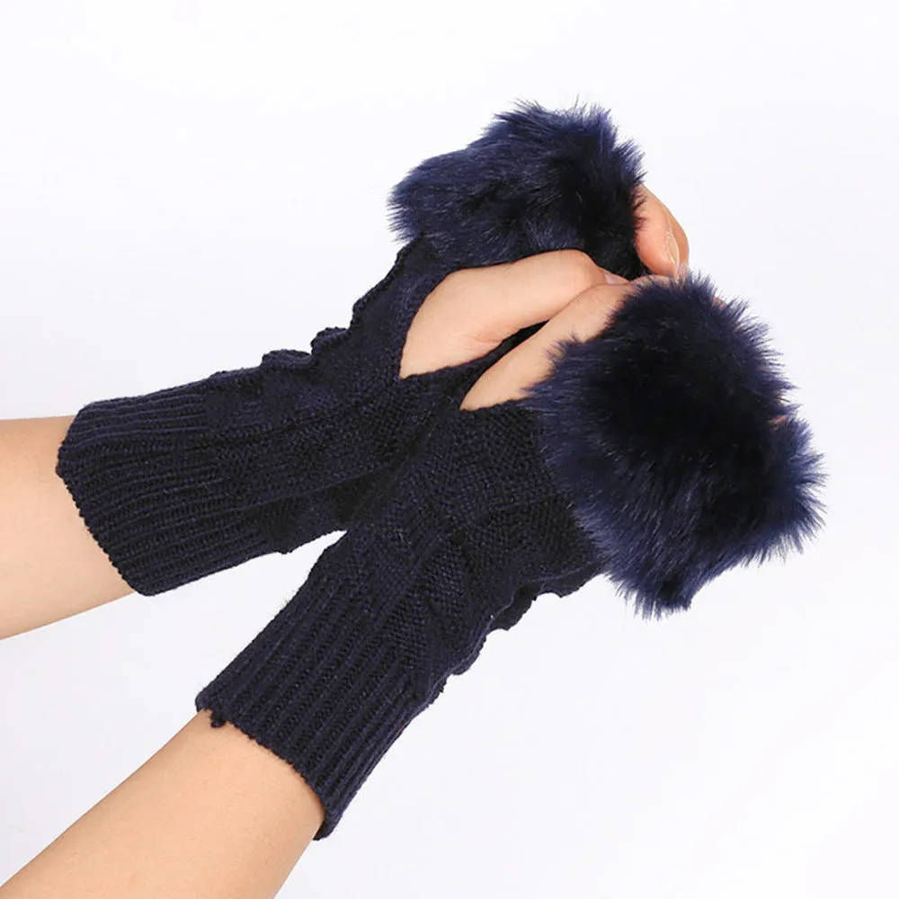 Fur Mid-Length Knit Half Finger Computer Gloves