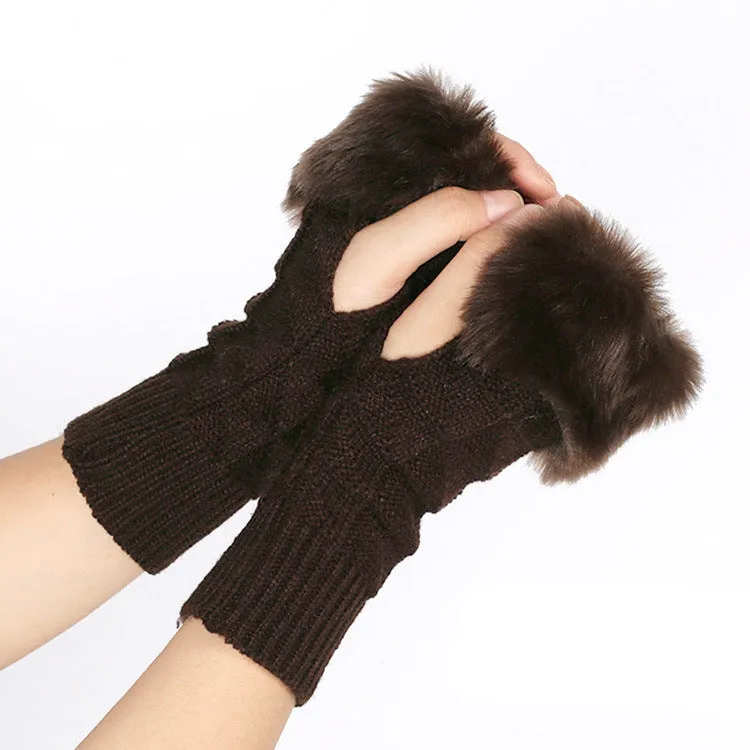 Fur Mid-Length Knit Half Finger Computer Gloves