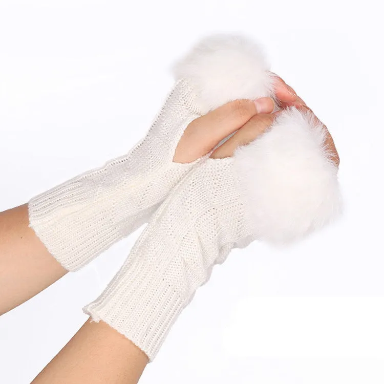 Fur Mid-Length Knit Half Finger Computer Gloves