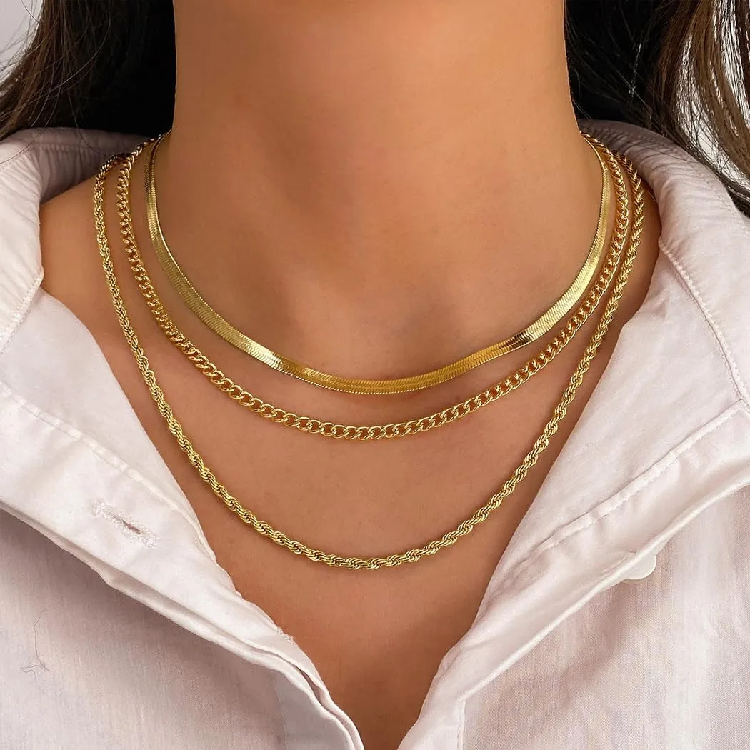 FUTIMELY Gold Layered Choker Necklaces Set for Women Dainty Stackable Silver Herringbone Chain Necklaces Adjustable Simple Twist Link Necklaces Jewelry Gifts