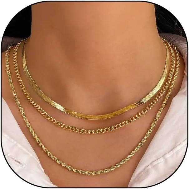 FUTIMELY Gold Layered Choker Necklaces Set for Women Dainty Stackable Silver Herringbone Chain Necklaces Adjustable Simple Twist Link Necklaces Jewelry Gifts
