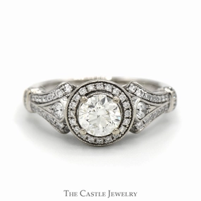 Gabriel & Co. 1.17cttw Round Diamond Engagement Ring with Diamond Halo & Accents in 14k White Gold Bendable Item