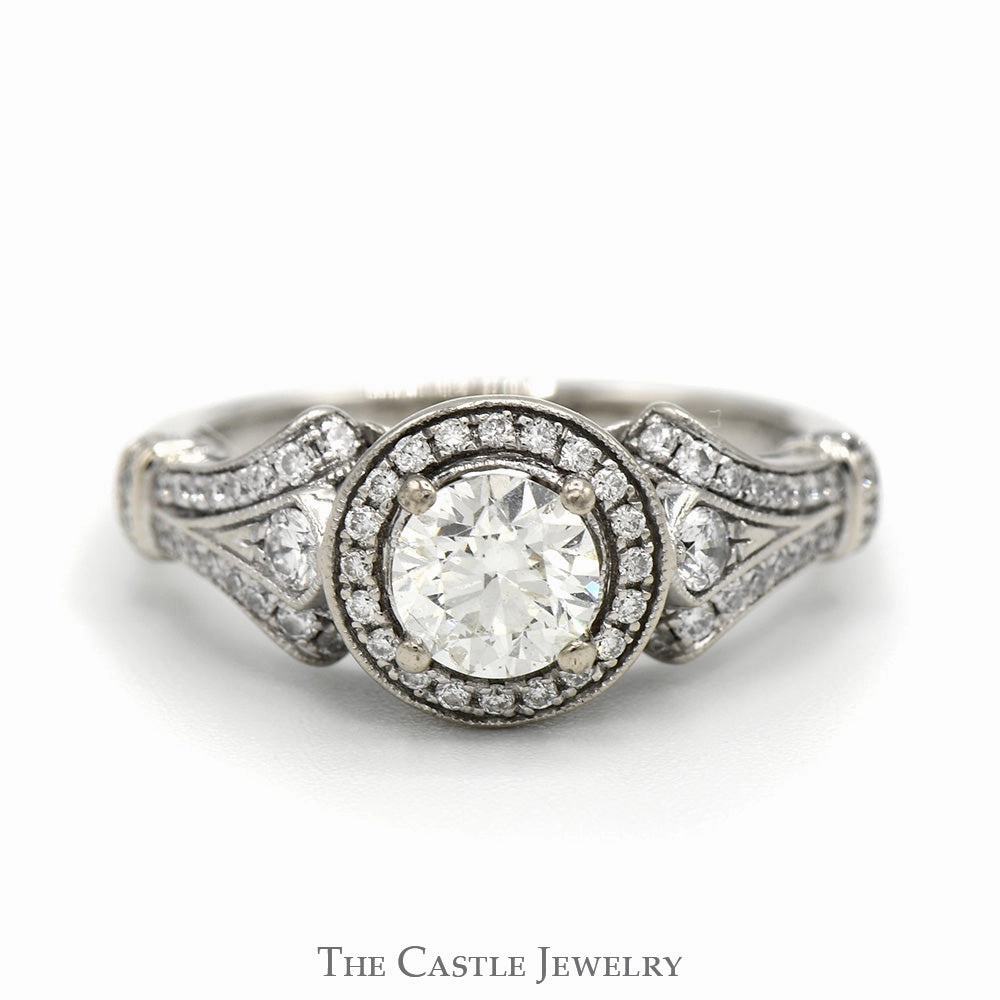 Gabriel & Co. 1.17cttw Round Diamond Engagement Ring with Diamond Halo & Accents in 14k White Gold Bendable Item