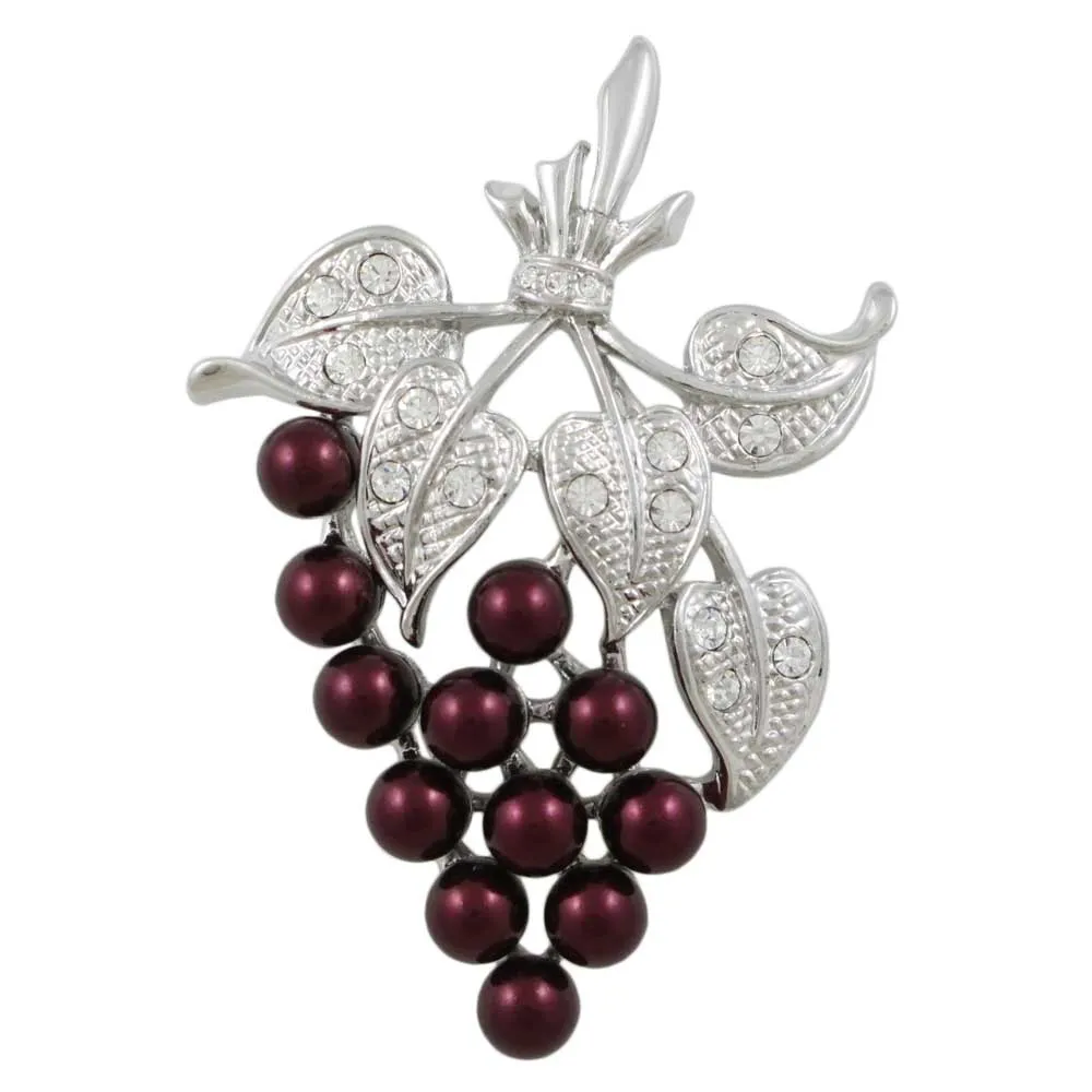 Garnet Pearl Grapes with Crystal Leaves Brooch Pin - PRP034G