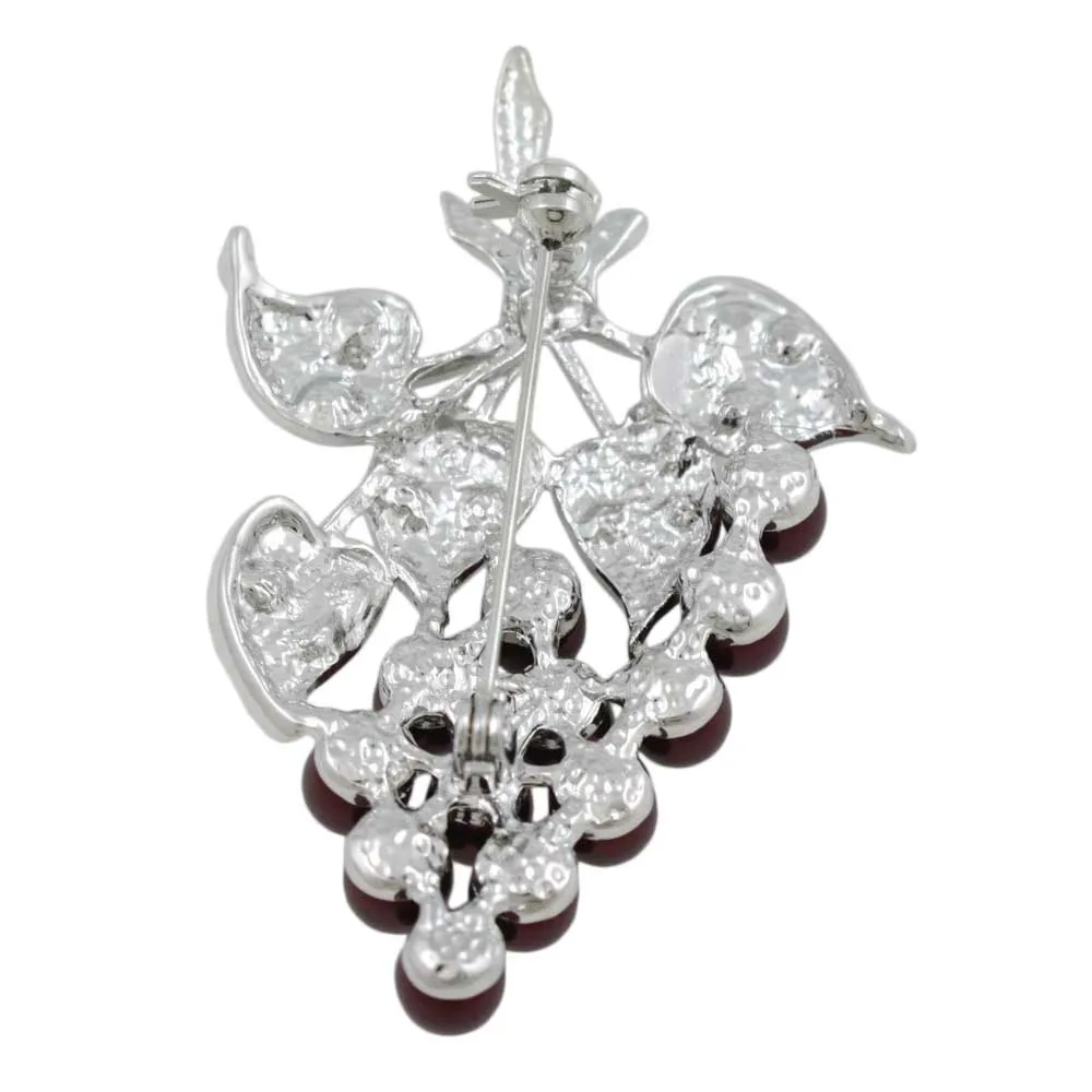 Garnet Pearl Grapes with Crystal Leaves Brooch Pin - PRP034G