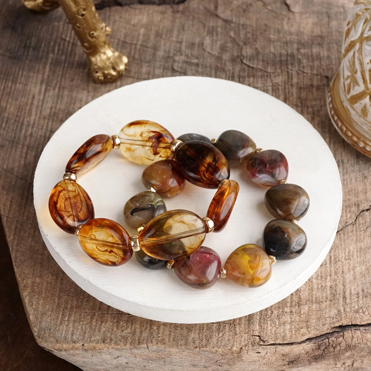 Gathered Horizons ?C Tortoise Acrylic Stretch Bracelet Set Golden Hinge Cuff Forever Sharp