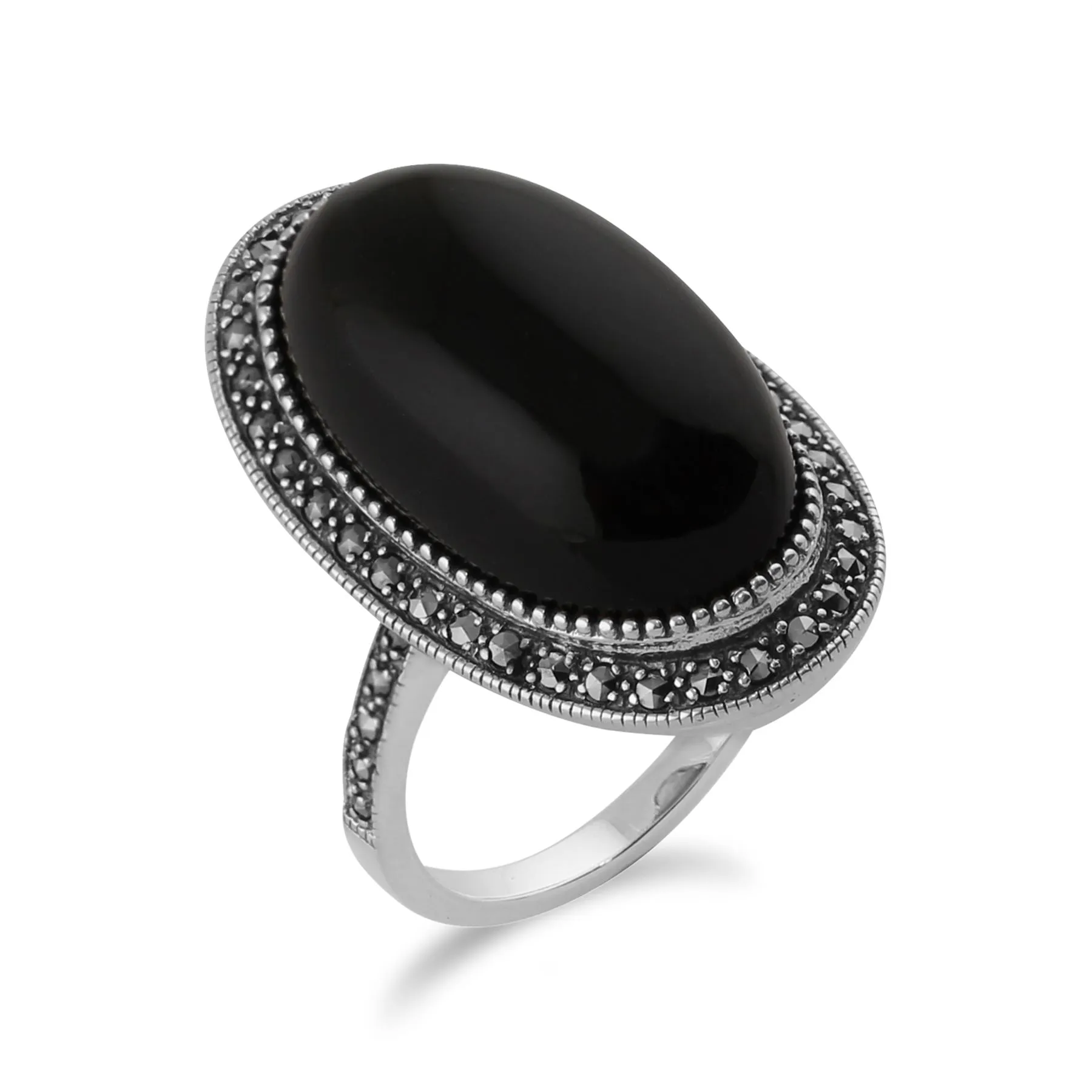 Gemondo Bague Style Art Déco, Argent 19.33ct Onyx Noir & Marcassite Ovale Cocktail Bague Style