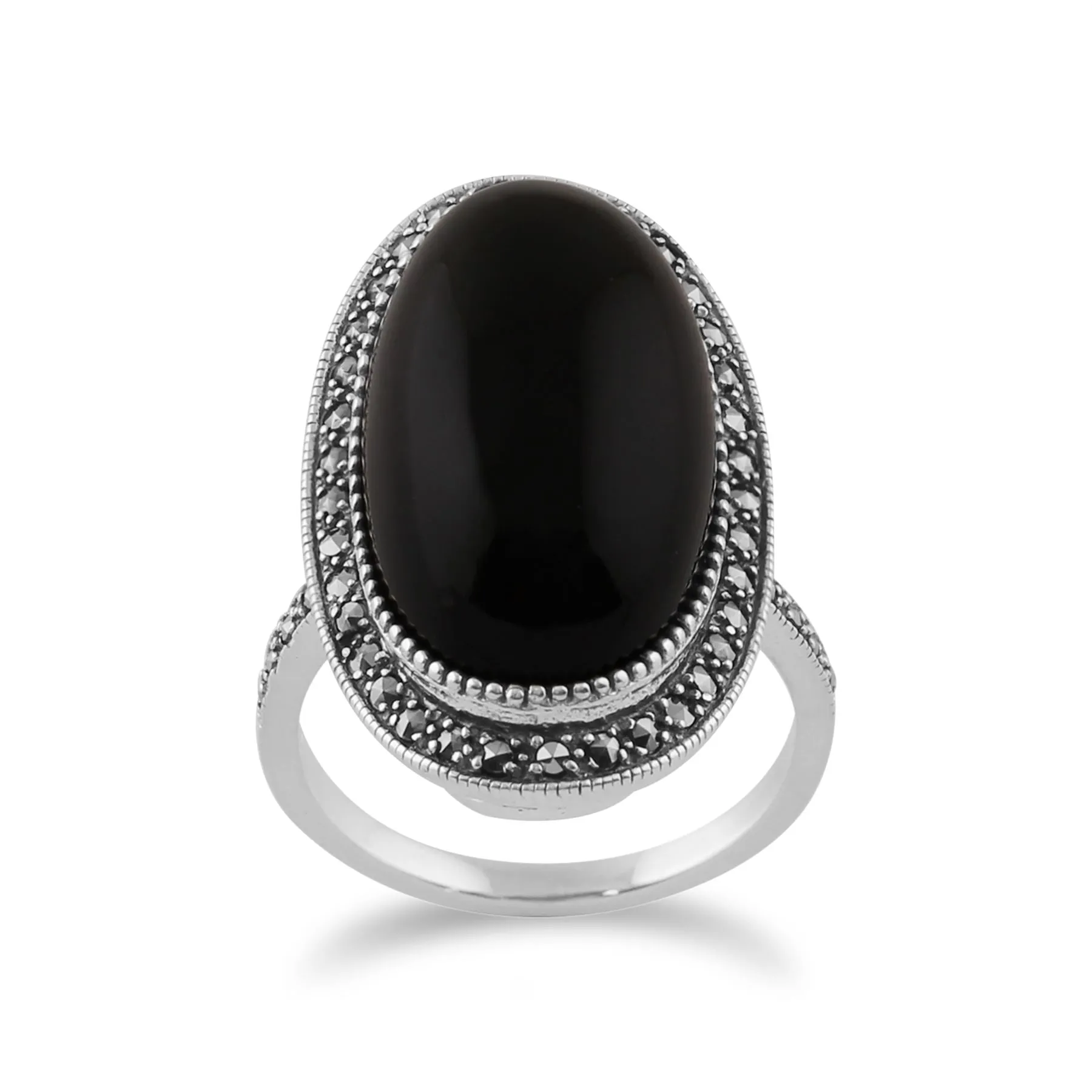 Gemondo Bague Style Art Déco, Argent 19.33ct Onyx Noir & Marcassite Ovale Cocktail Bague Style