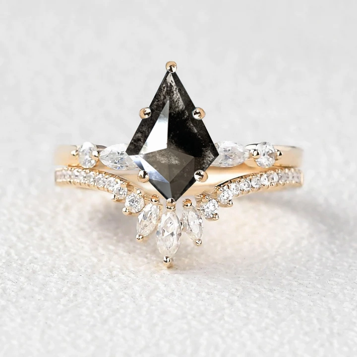 Handcrafted Glam Sophisticated Spark Salt and Pepper Diamonds Yellow Gold Engagement Ring Set 2pcs