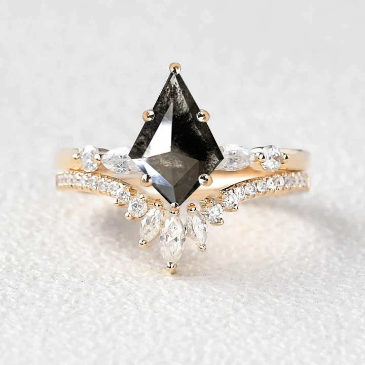 Beautiful finish Salt and Pepper Diamonds Yellow Gold Engagement Ring Set 2pcs