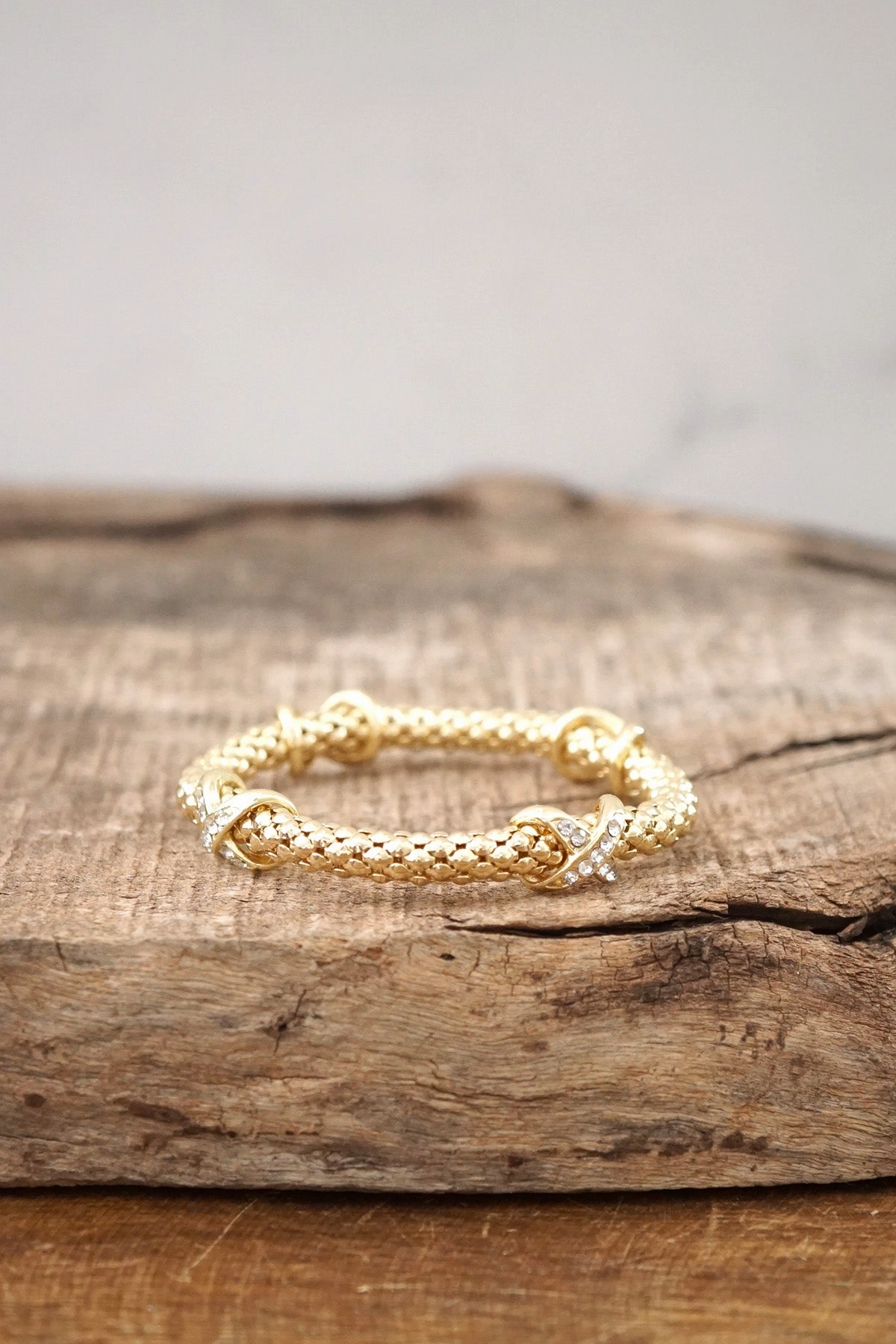 Gold tone flexy stretchy bracelet bangle X Clear Crystals Snake chain Ongoing Blend Wrist Jewelry