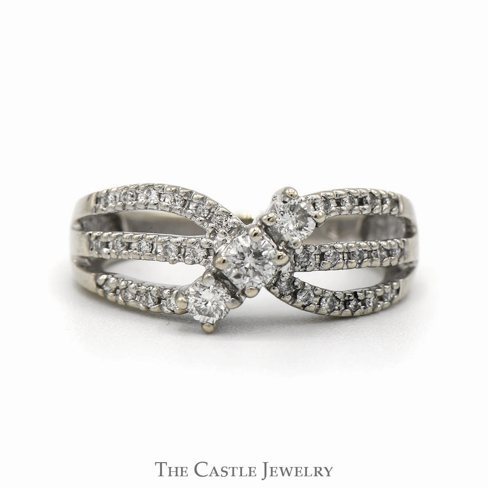Three Stone Diamond Ring with Open Split Shank Diamond Accented Sides in 14k White Gold Wipe Clean